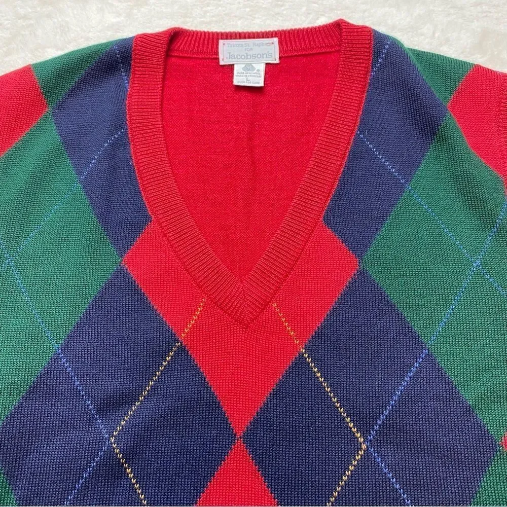 Tricots St Raphael Vintage Knit Argyle V Neck Wool Vest Size Large